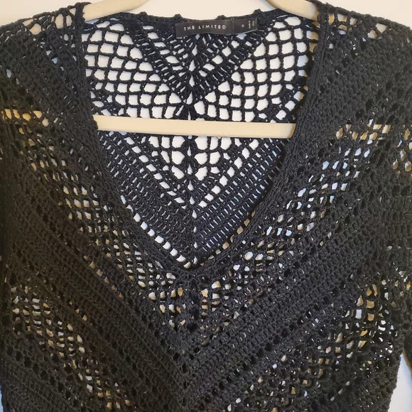 Crochet V Neck Black Long Sleeve Top with Bead Trim by The Limited Size S - Picture 5 of 7